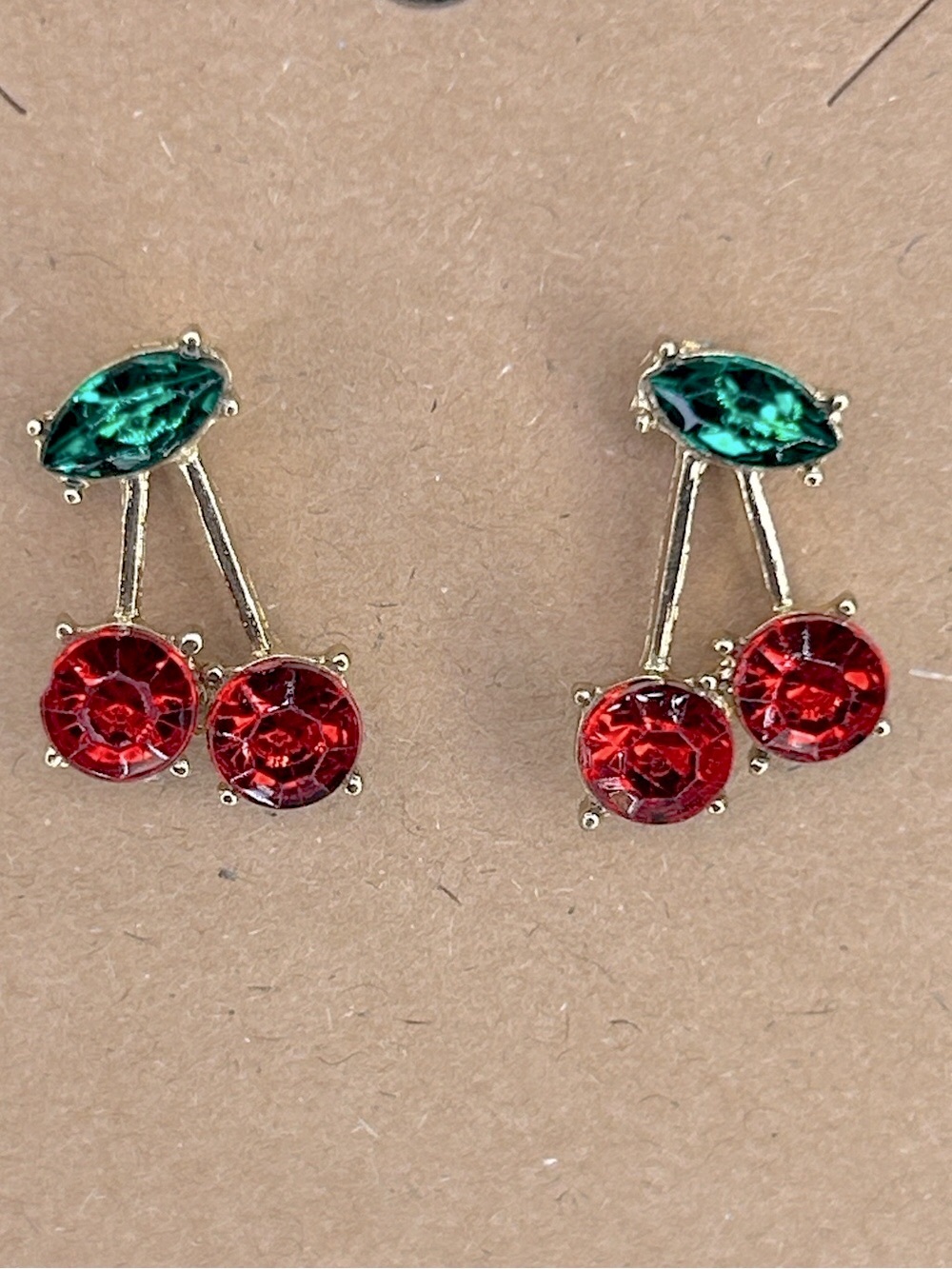 Gold Cherry Crystal Stud Earrings - Red & Green Fashion Jewelry